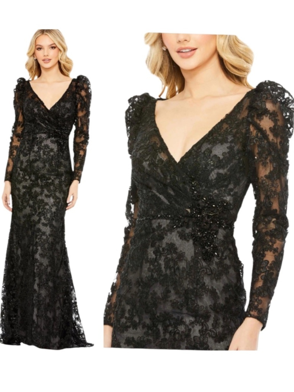 Mac Duggal Size 6 Black 11324 Lace Embroidered Long Sleeve Illusion Gown Dress